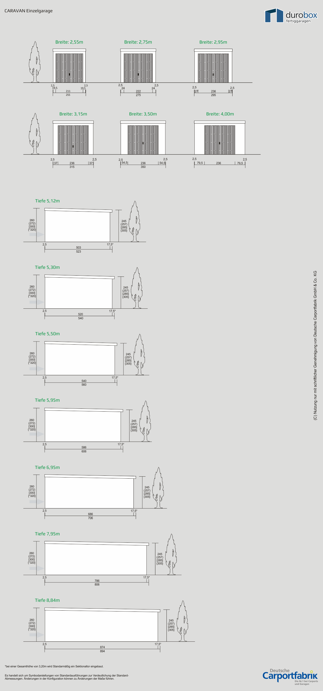 Technische Ansichten DUROBOX Caravan-Einzelgarage